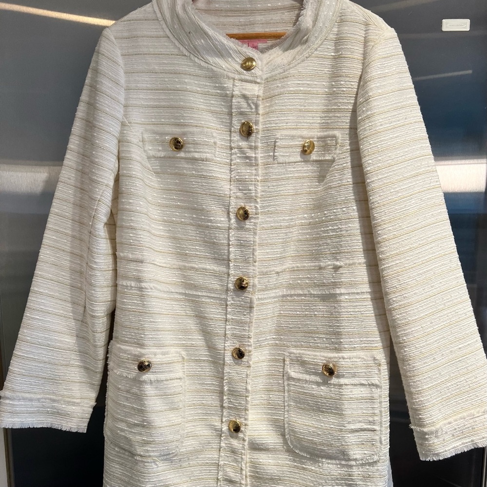 Lilly Pulitzer knee length jacket XL button front white with metallic gold